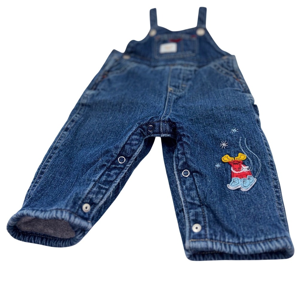 OshKosh B'gosh Baby Denim Overalls EMBROIDERED Moose weather Lined 3-6M Rustic